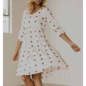 ROOLEE NWOT Trudy Boucle Polka Dot Empire Waist 3/4 Sleeve Modest Dress L  Cream